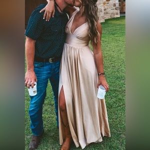 Gold Champagne Stretch Maxi Dress / Bridesmaid Gown (S/M)